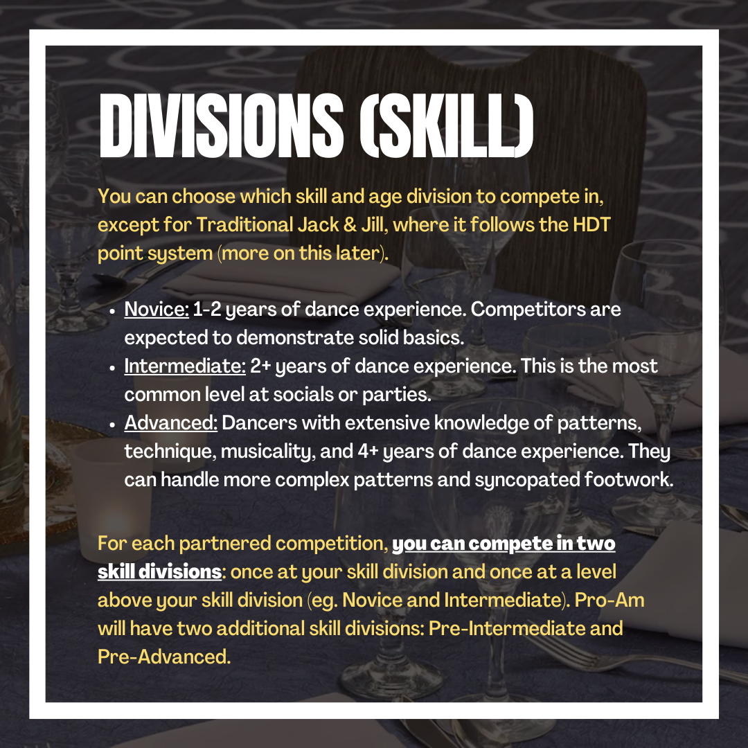 Divisions (Skill). You can choose which skill and age division to compete in, except for Traditional Jack & Jill, where it follows the HDT point system. Novice: 1-2 years of dance experience. Competitors are expected to demonstrate solid basics. Intermediate: 2+ years of dance experience. This is the most common level at socials or parties. Advanced: Dancers with extensive knowledge of patterns, technique, musicality, and 4+ years of dance experience. They can handle more complex patterns and syncopated footwork. For each partnered competition, you can compete in two skill divisions: once at your skill division and once at a level above your skill division (eg. Novice and Intermediate). Pro-Am will have two additional skill divisions: Pre-Intermediate and Pre-Advanced.